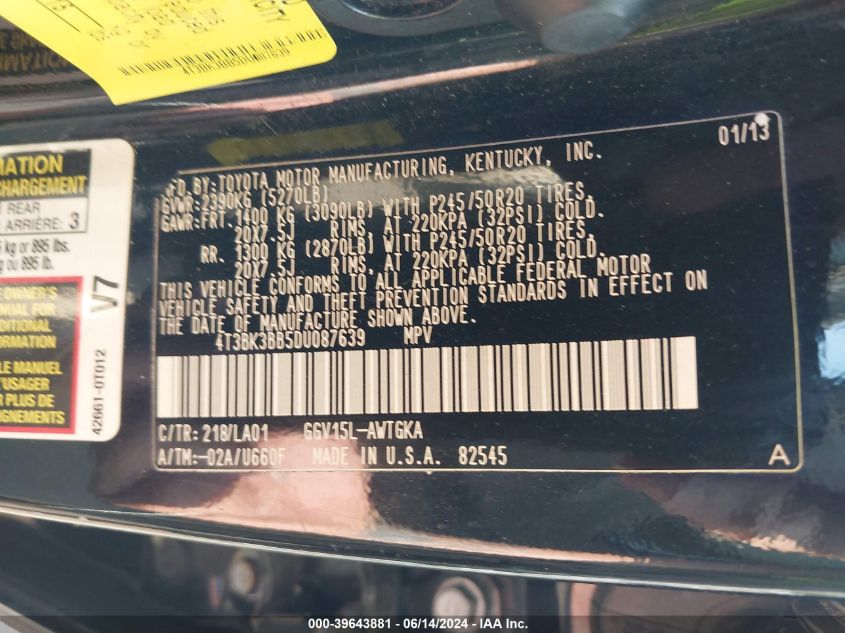 2013 Toyota Venza Limited V6 VIN: 4T3BK3BB5DU087639 Lot: 39643881