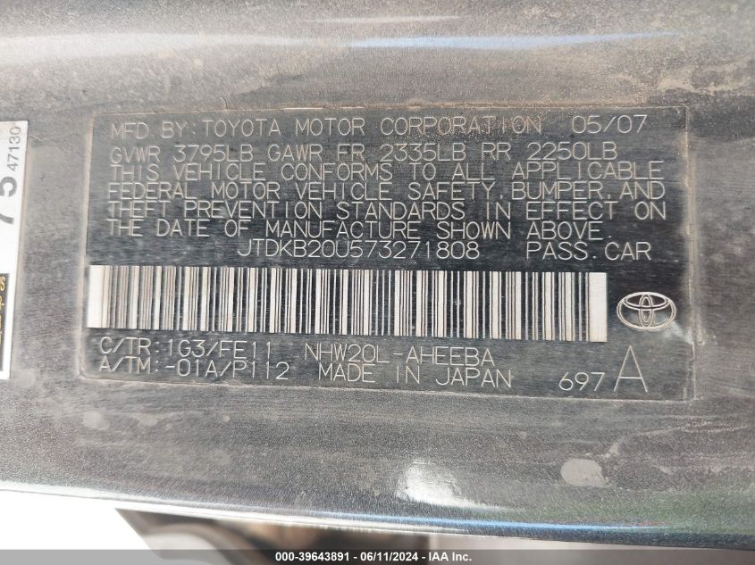 2007 Toyota Prius VIN: JTDKB20U573271808 Lot: 39643891