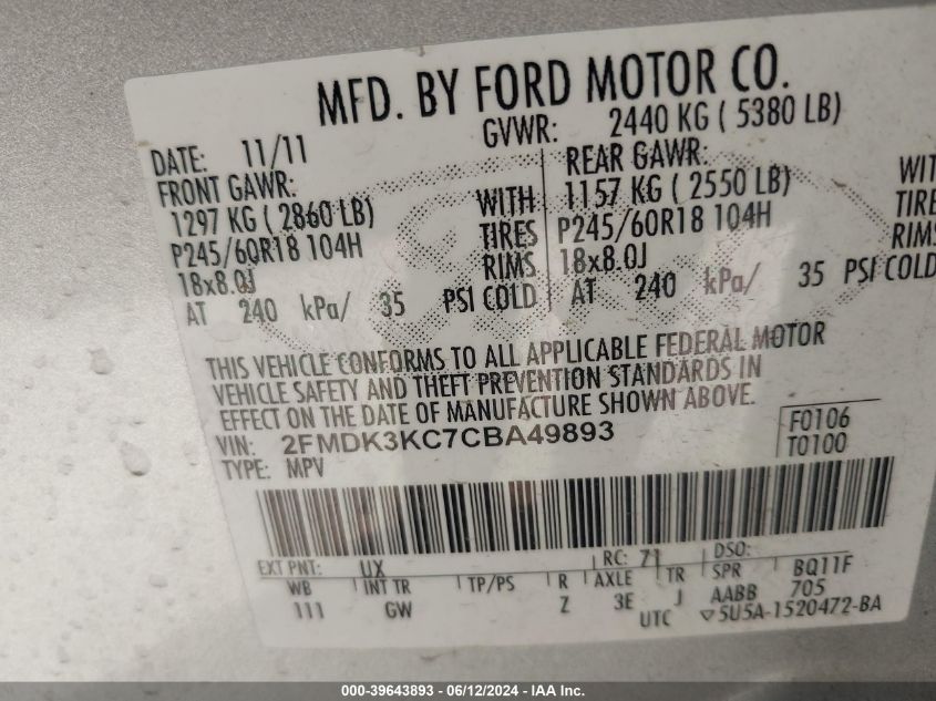 2012 Ford Edge Limited VIN: 2FMDK3KC7CBA49893 Lot: 39643893