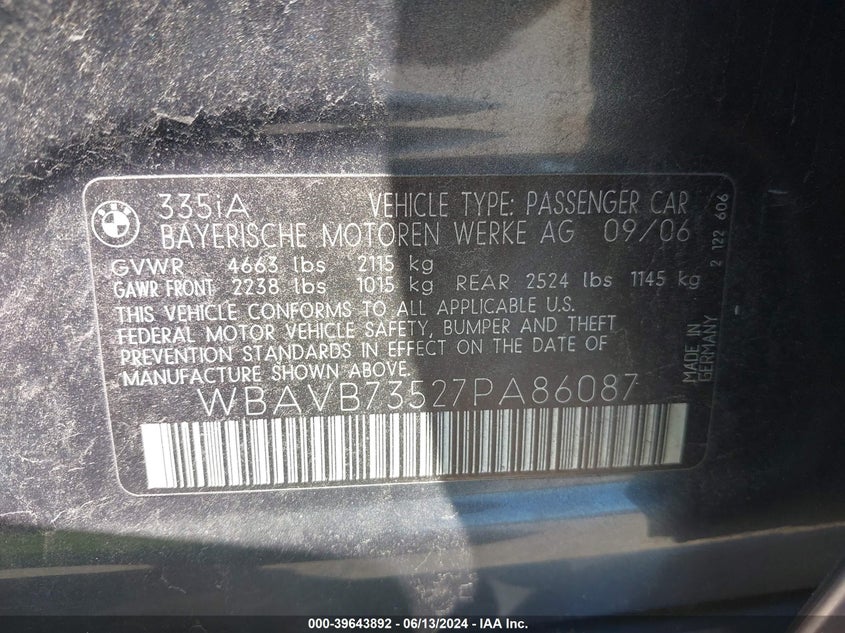2007 BMW 335 VIN: WBAVB73527PA86087 Lot: 39643892