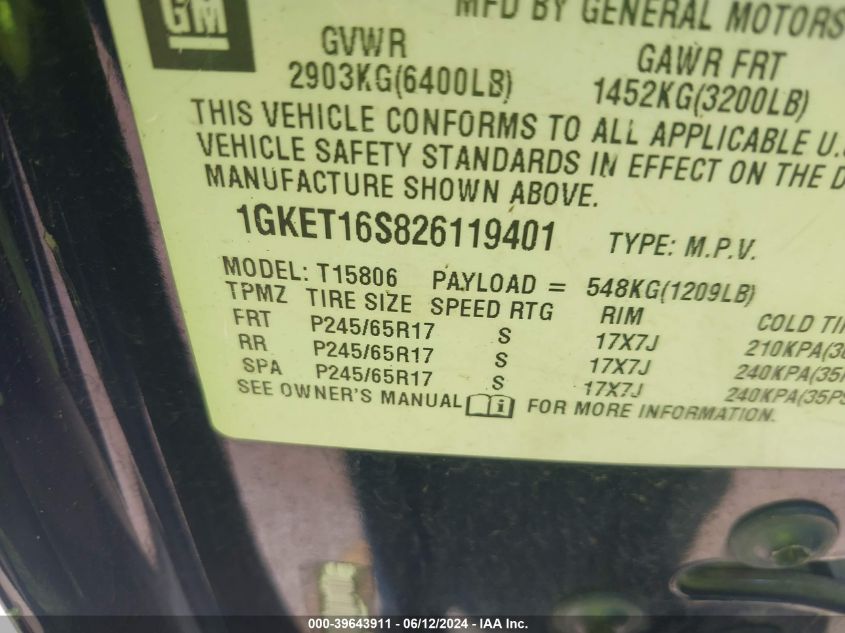 2002 GMC Envoy Xl Slt VIN: 1GKET16S826119401 Lot: 39643911