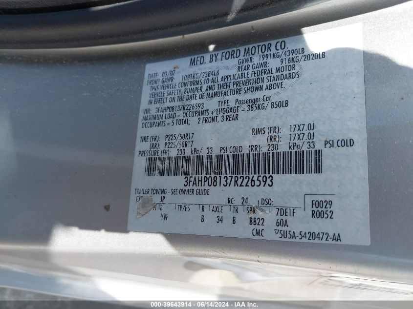 2007 Ford Fusion Sel VIN: 3FAHP08137R226593 Lot: 39643914