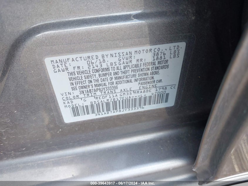 2018 Nissan Sentra Sr VIN: 3N1AB7AP8JY333396 Lot: 39643917