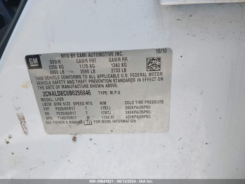 2011 Chevrolet Equinox 1Lt VIN: 2CNALDEC6B6256946 Lot: 39643921