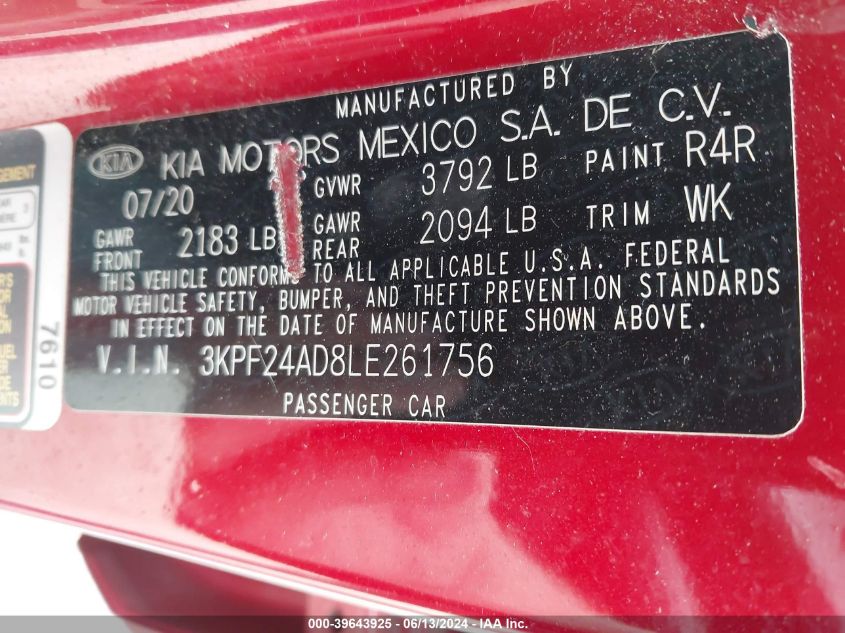 2020 Kia Forte Lxs VIN: 3KPF24AD8LE261756 Lot: 39643925