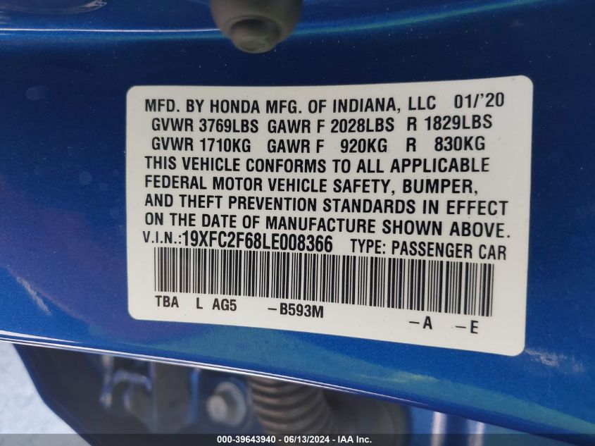 2020 Honda Civic Lx VIN: 19XFC2F68LE008366 Lot: 39643940