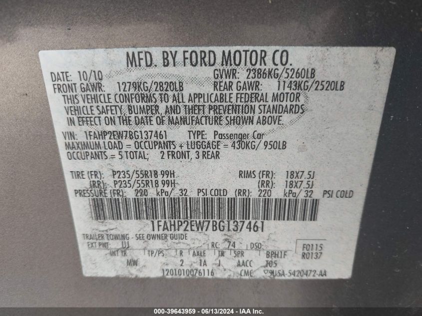 2011 Ford Taurus Sel VIN: 1FAHP2EW7BG137461 Lot: 39643959