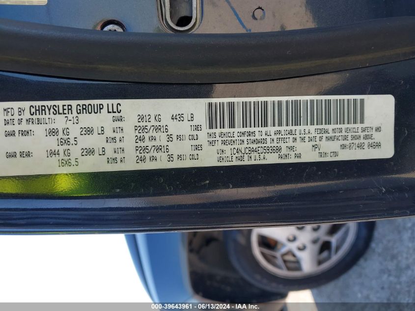 2014 Jeep Compass Sport VIN: 1C4NJCBA4ED593680 Lot: 39643961