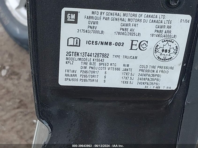 2004 GMC Sierra 1500 Sle/Slt VIN: 2GTEK13T441287882 Lot: 39643963