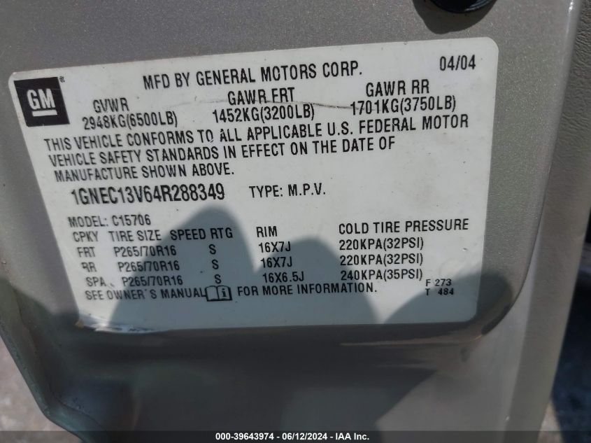 2004 Chevrolet Tahoe Ls VIN: 1GNEC13V64R288349 Lot: 39643974