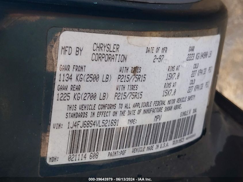 1997 Jeep Cherokee Sport VIN: 1J4FJ68S4VL521691 Lot: 39643979