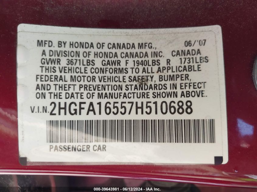 2007 Honda Civic Lx VIN: 2HGFA16557H510688 Lot: 39643981