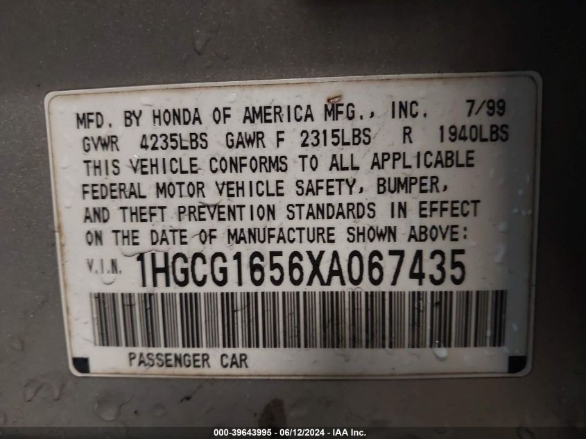 1999 Honda Accord Ex V6 VIN: 1HGCG1656XA067435 Lot: 39643995