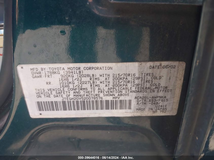 2002 Toyota Rav4 VIN: JTEGH20V520078576 Lot: 39644016