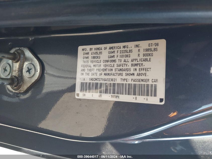 2006 Honda Accord 2.4 Ex VIN: 1HGCM72716A023621 Lot: 39644017