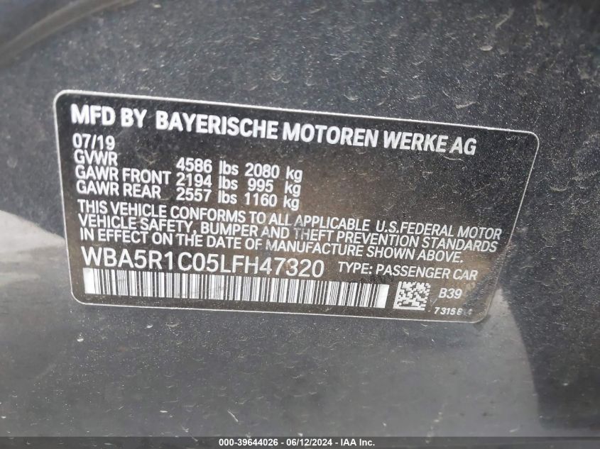 2020 BMW 330I VIN: WBA5R1C05LFH47320 Lot: 39644026