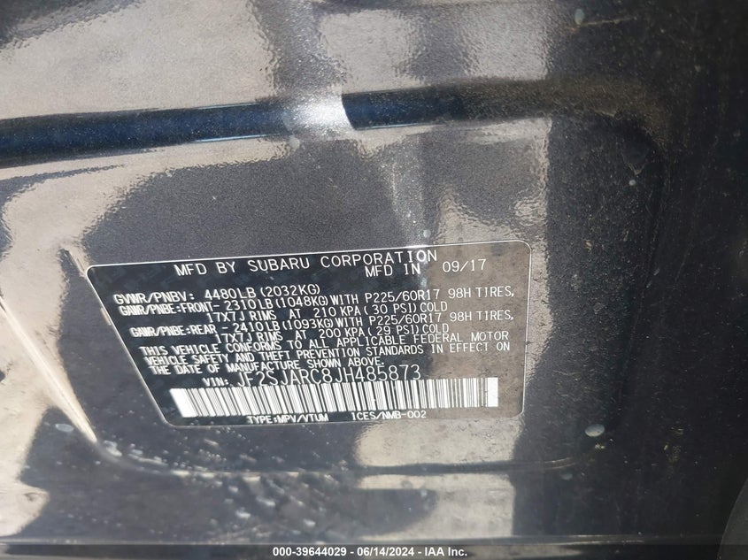 2018 Subaru Forester 2.5I Limited VIN: JF2SJARC8JH485873 Lot: 39644029