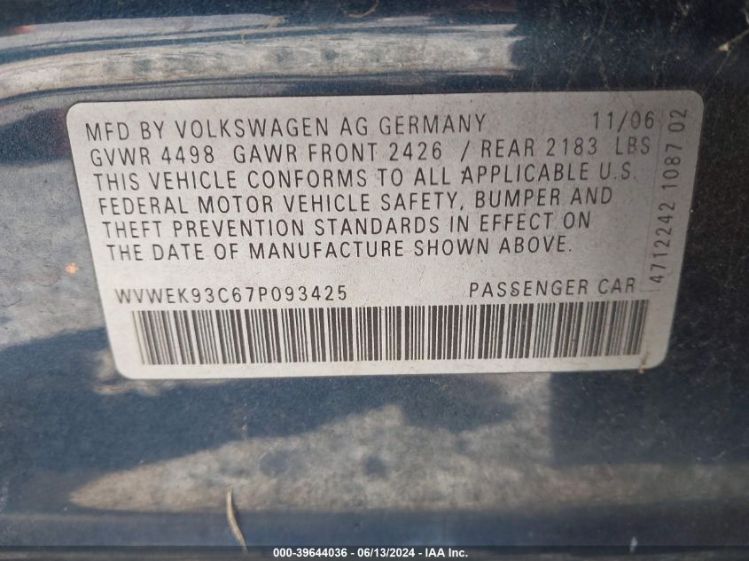 2007 Volkswagen Passat 2.0T VIN: WVWEK93C67P093425 Lot: 39644036