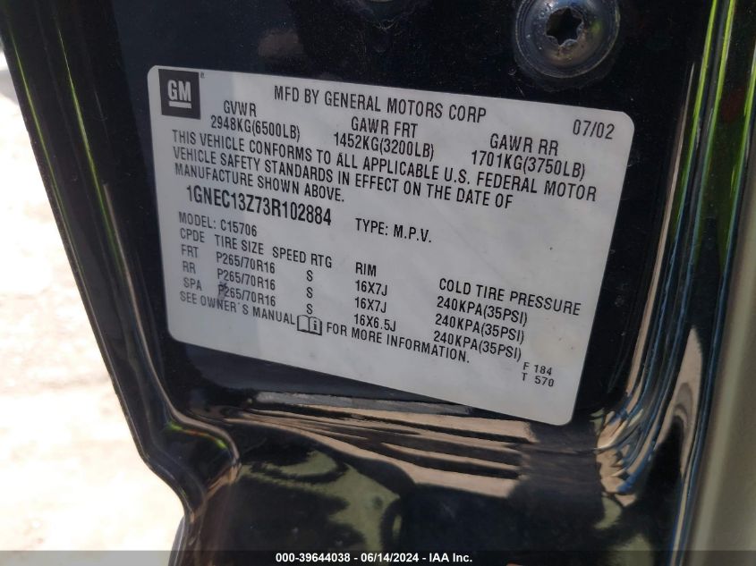 2003 Chevrolet Tahoe Lt VIN: 1GNEC13Z73R102884 Lot: 39644038