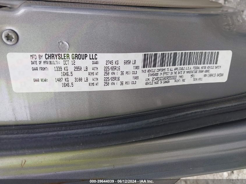 2013 Dodge Grand Caravan Sxt VIN: 2C4RDGCG0DR553322 Lot: 39644039