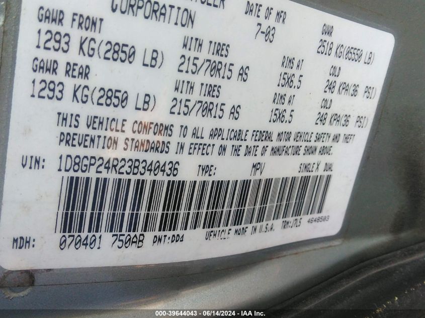 2003 Dodge Grand Caravan Se VIN: 1D8GP24R23B340436 Lot: 39644043