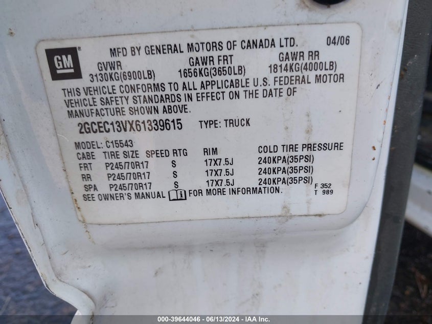 2006 Chevrolet Silverado 1500 Ls VIN: 2GCEC13VX61339615 Lot: 39644046