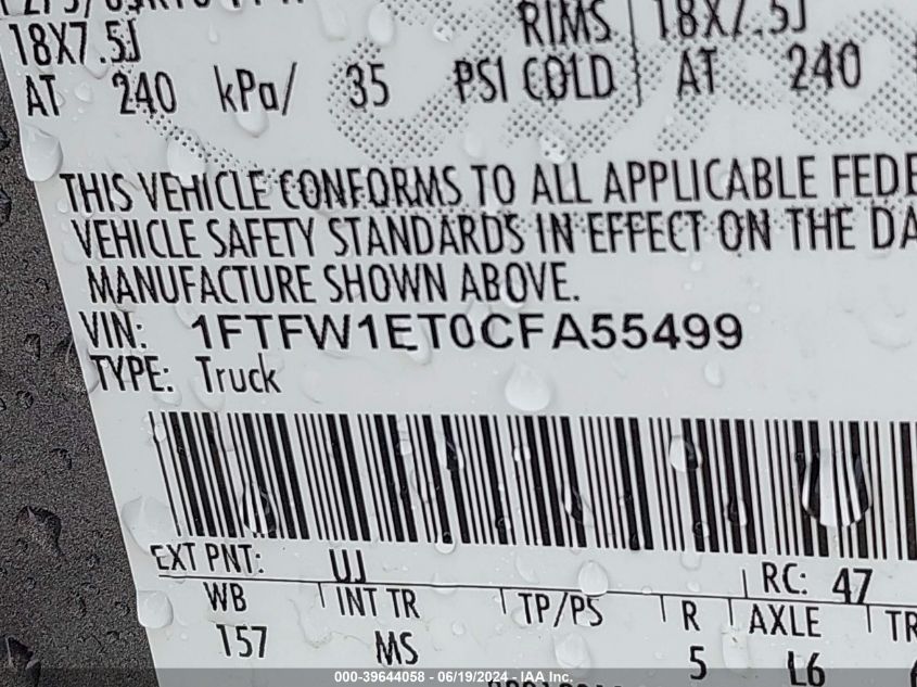 2012 Ford F-150 Xlt VIN: 1FTFW1ET0CFA55499 Lot: 39644058