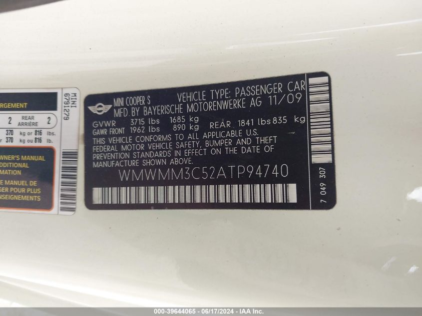 2010 Mini Cooper S Clubman VIN: WMWMM3C52ATP99474 Lot: 39644065