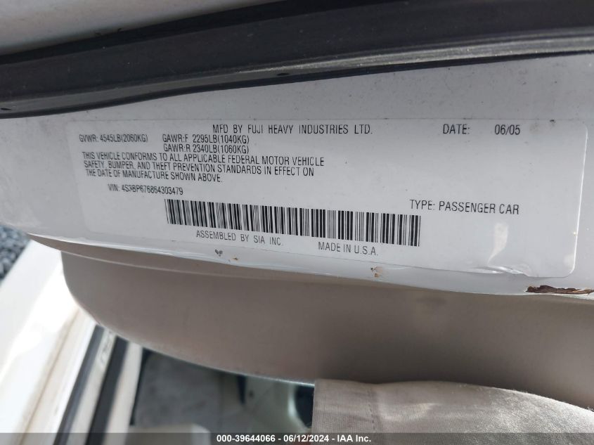 2006 Subaru Legacy Gt Limited VIN: 4S3BP676864303479 Lot: 39644066