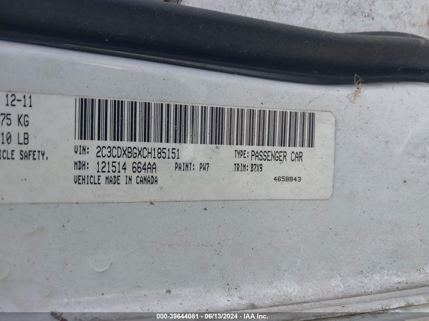 2012 Dodge Charger Se VIN: 2C3CDXBGXCH185151 Lot: 39644081