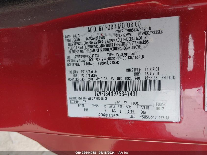 2007 Ford Mustang V6 Deluxe/V6 Premium VIN: 1ZVFT84N975341431 Lot: 39644088