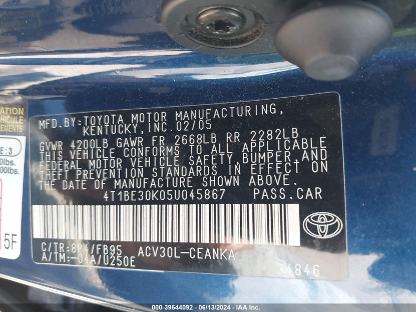 2005 Toyota Camry Le VIN: 4T1BE30K05U045867 Lot: 39644092
