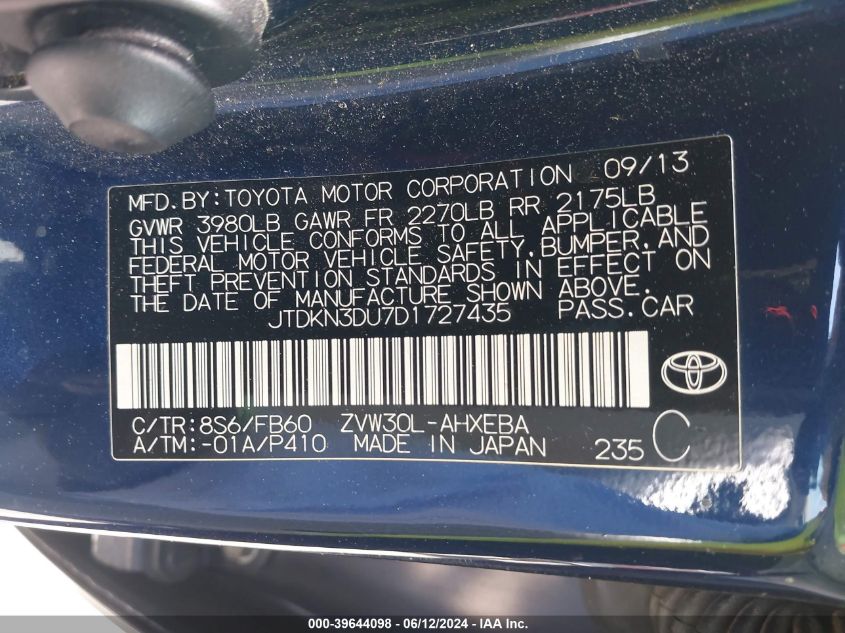 2013 Toyota Prius Three VIN: JTDKN3DU7D1727435 Lot: 39644098