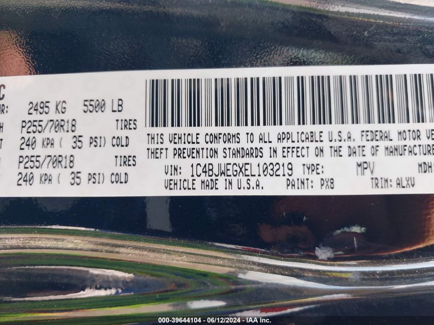 2014 Jeep Wrangler Unlimited Sahara VIN: 1C4BJWEGXEL103219 Lot: 39644104