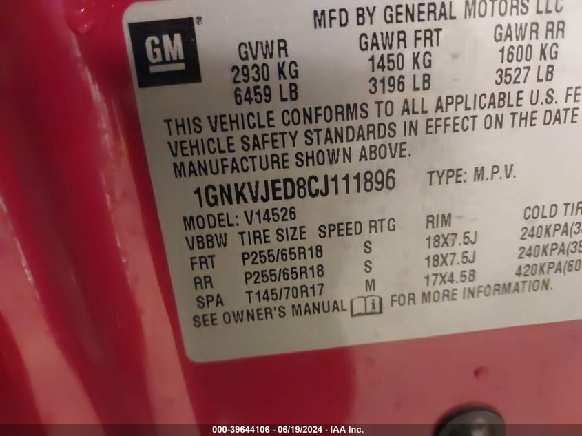 2012 Chevrolet Traverse 2Lt VIN: 1GNKVJED8CJ111896 Lot: 39644106
