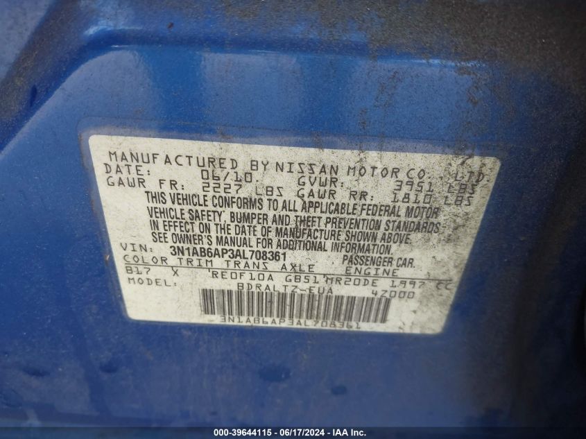 2010 Nissan Sentra 2.0Sr VIN: 3N1AB6AP3AL708361 Lot: 39644115