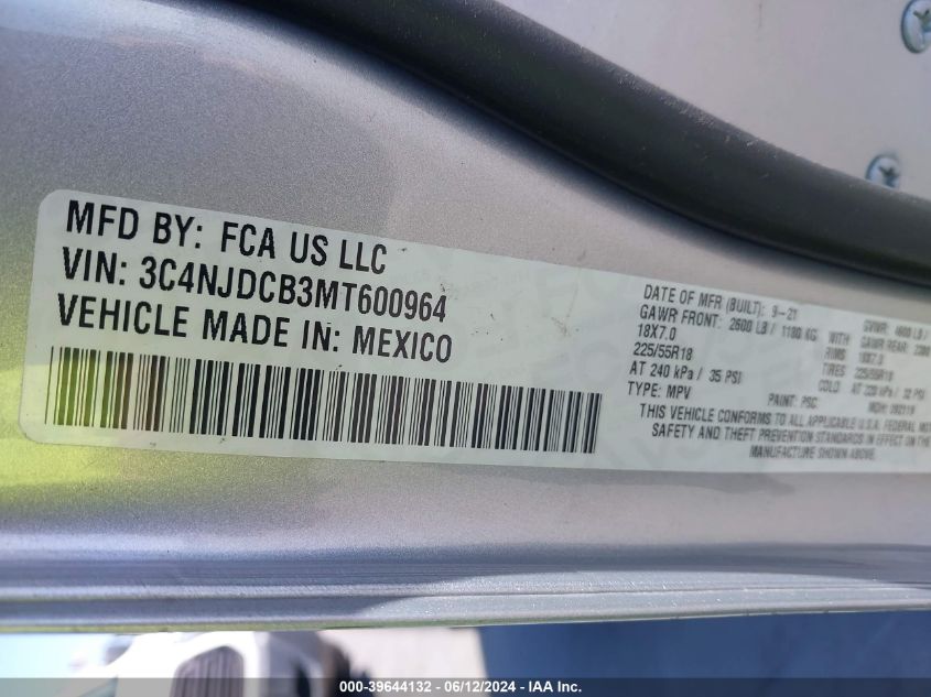 2021 Jeep Compass Limited 4X4 VIN: 3C4NJDCB3MT600964 Lot: 39644132