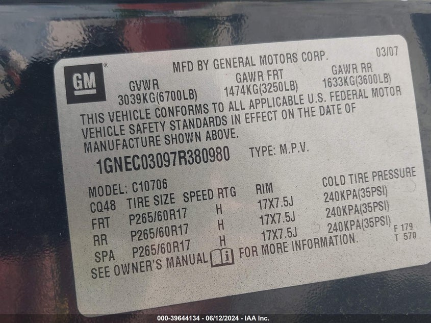 2007 Chevrolet Tahoe Police VIN: 1GNEC03097R380980 Lot: 39644134