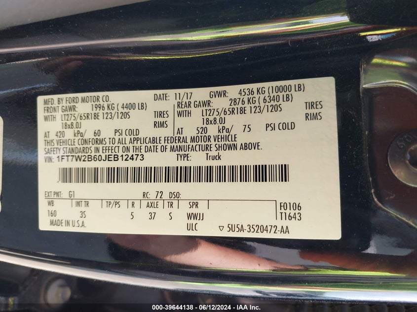 2018 Ford F-250 Xlt VIN: 1FT7W2B60JEB12473 Lot: 39644138