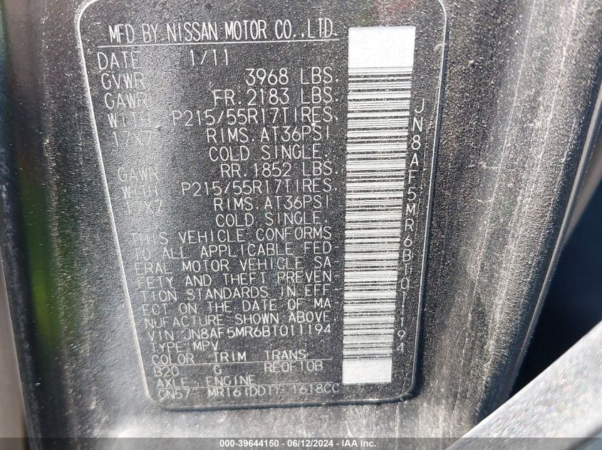 2011 Nissan Juke S/Sv/Sl VIN: JN8AF5MR6BT011194 Lot: 39644150