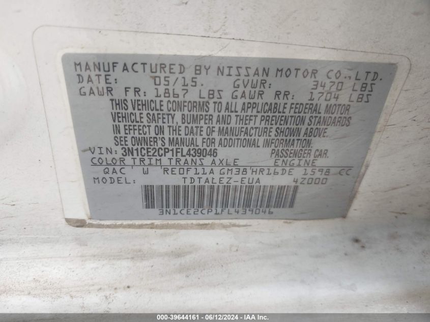 2015 Nissan Versa Note Sl VIN: 3N1CE2CP1FL439046 Lot: 39644161