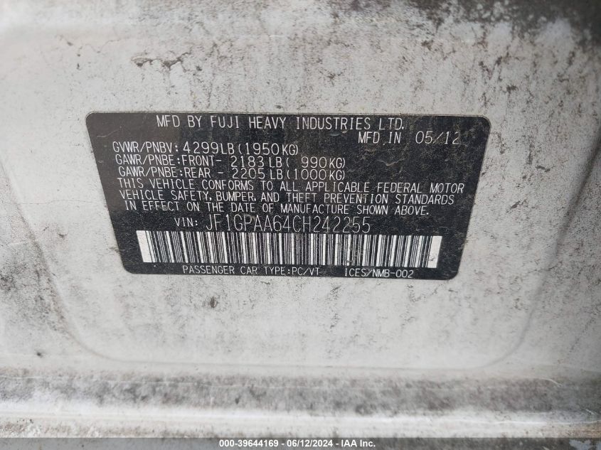 2012 Subaru Impreza 2.0I VIN: JF1GPAA64CH242255 Lot: 39644169