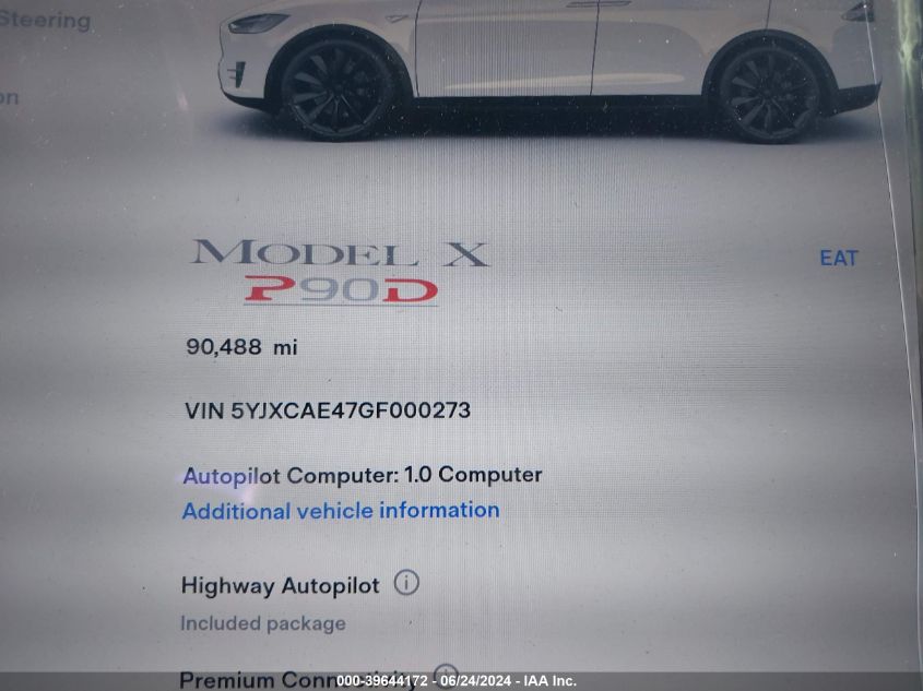 2016 Tesla Model X 60D/P100D/P90D VIN: 5YJXCAE47GF000273 Lot: 39644172