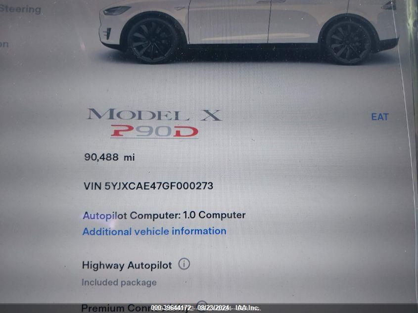 2016 Tesla Model X 60D/P100D/P90D VIN: 5YJXCAE47GF000273 Lot: 39644172