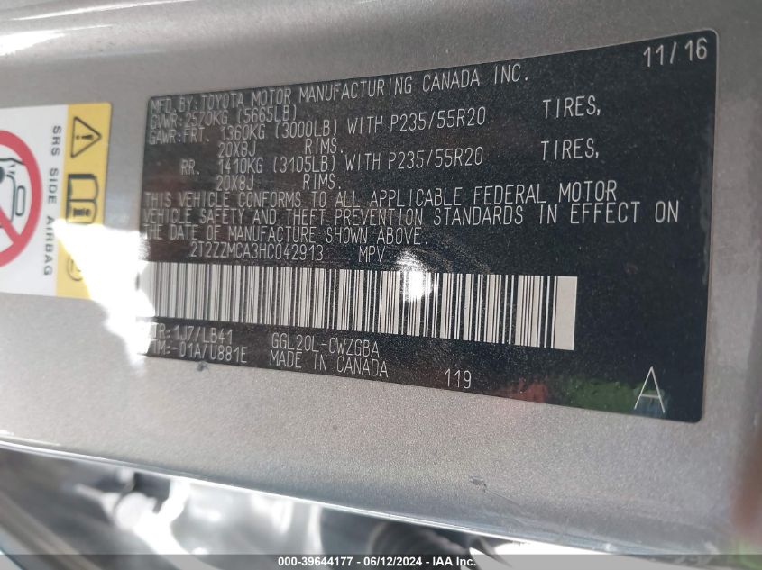 2017 Lexus Rx 350 VIN: 2T2ZZMCA3HC042913 Lot: 39644177