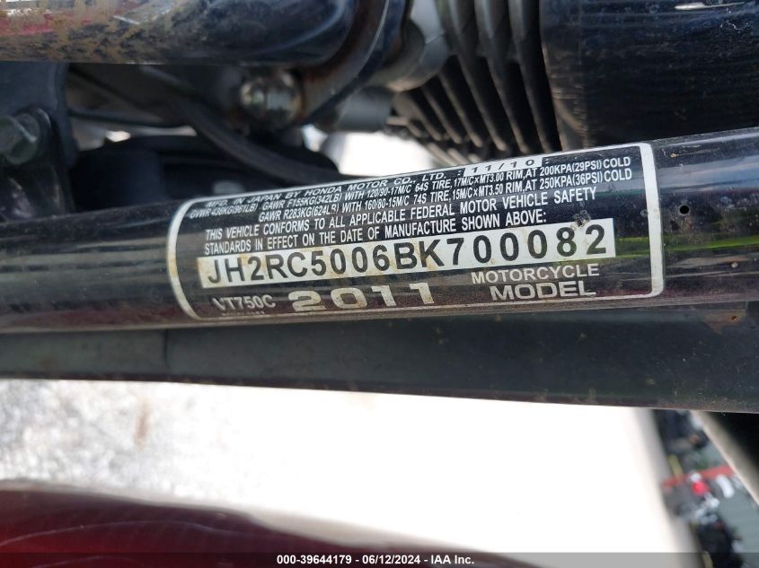 2011 HONDA VT750 C - JH2RC5006BK700082