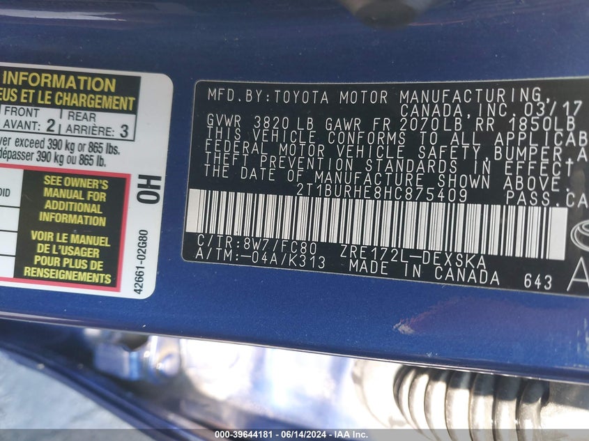 2017 Toyota Corolla Se VIN: 2T1BURHE8HC875409 Lot: 39644181