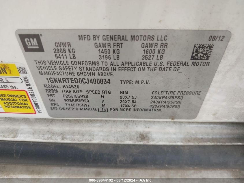 2012 GMC Acadia Denali VIN: 1GKKRTED0CJ400834 Lot: 39644192