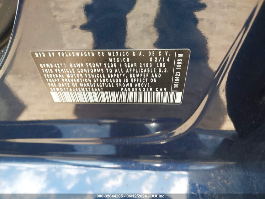 2014 Volkswagen Jetta 1.8T Se VIN: 3VWD17AJ4EM274947 Lot: 39644205
