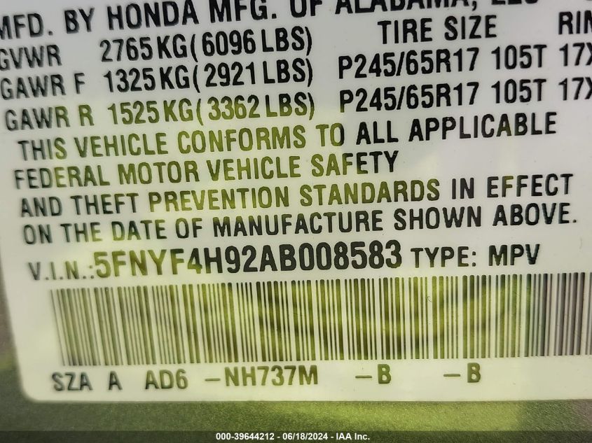 2010 Honda Pilot Touring VIN: 5FNYF4H92AB008583 Lot: 39644212